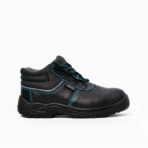 Bota DEF BASIX com costuras azuis ousadas, é classificado como S3 para antiestático, absorção de energia, antipenetração e resistência à água