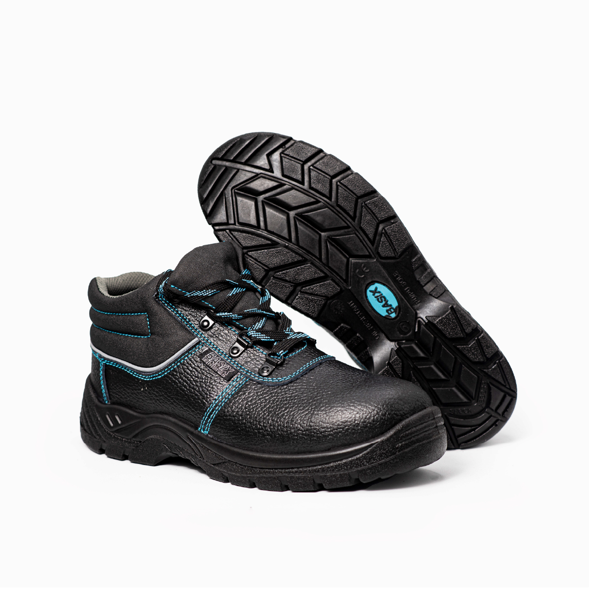 Bota DEF BASIX com costuras azuis ousadas, é classificado como S3 para antiestático, absorção de energia, antipenetração e resistência à água